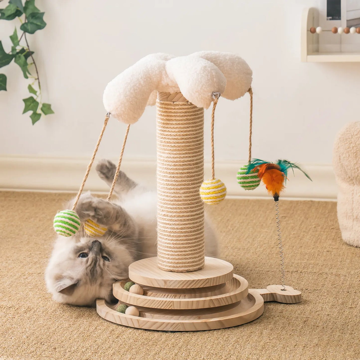 Sisal Cat Scratching Post, Sisal Rope for Indoor Cats, Fountain Vertical Cat Scratcher with Feather Interatcive Toys, Ball Track Toy, Hanging Ball Toy
