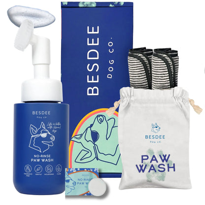BESDEE Dog Co. No-Rinse Paw Wash Kit - Gentle Safe Fragrance-Free Ph Balanced Tablets for Small Medium & Large Dogs with Travel Bag & Plush Towels Grooming Products