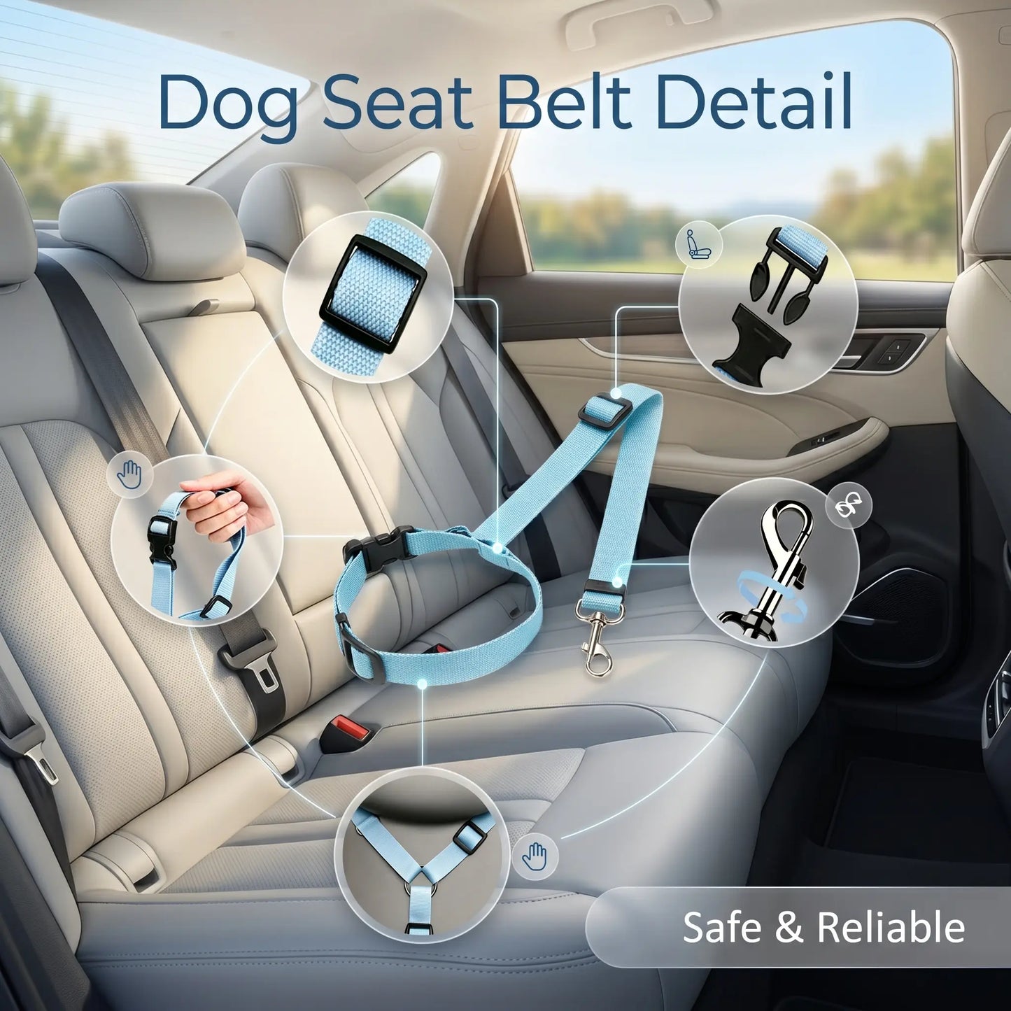 Adjustable Sky Blue Dog Car Safety Harness & Leash Set - Universal Fit for SUVs & Trucks with Dual LED Bungee Chew Toy & Inflatable Balls
