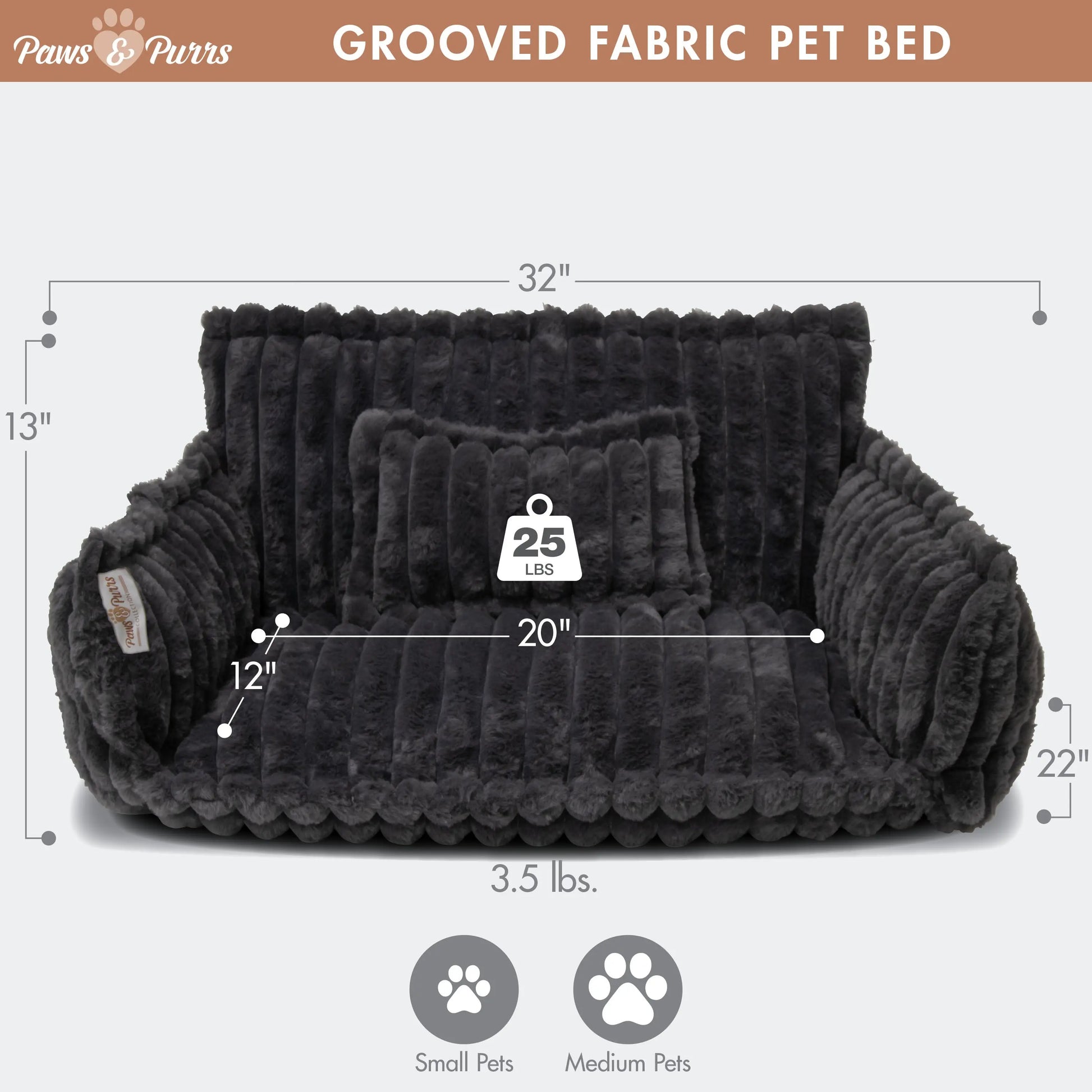 Pet Sofa Bed with Grooved Fabric for Cats and Small to Medium Dogs, Dark Gray