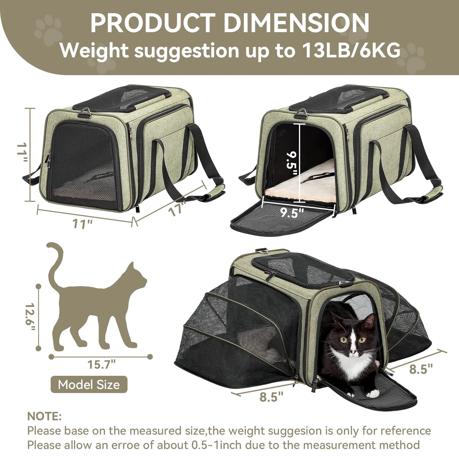 [5-Year Warranty] Petsfit Expandable Cat Dog Carrier Airline Approved, 17" L X 11" W X 11" H Soft-Sided Portable Pet Travel Carrier for Kitten, Puppy, Removable Soft Plush Mat and Pockets, Auto-Locking Zippers