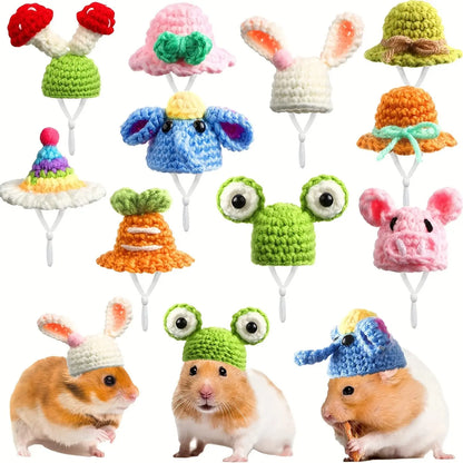 6 Pieces Random Hamster Hat, Mini Critter Hat with Adjustable Strap, Cute Hand Knit Frog Rainbow Carrot Small Hat, Lizard Guinea Pig Reptile Costume