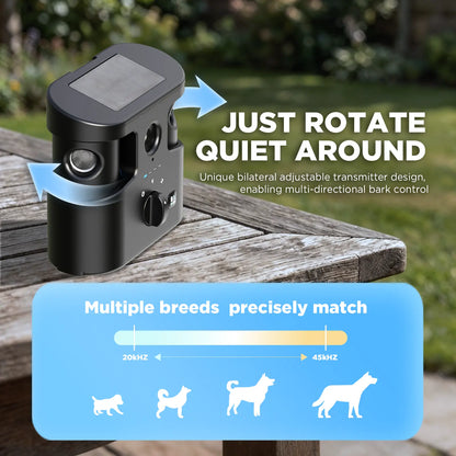 180° Solar-Powered Ultrasonic Dog Bark Control Device - Humane Anti-Barking Solution for All Breeds, IPX4 Waterproof, Dual Speakers, Adjustable Frequency, and APP Data Reporting, Ideal Dog Accessories