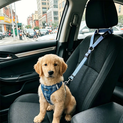 Adjustable Sky Blue Dog Car Safety Harness & Leash Set - Universal Fit for SUVs & Trucks with Dual LED Bungee Chew Toy & Inflatable Balls