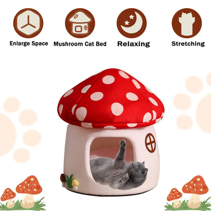 Cute Mushroom Cat House, Semi-Enclosed Hideaway, All-Season Bed for Indoor Small Cats