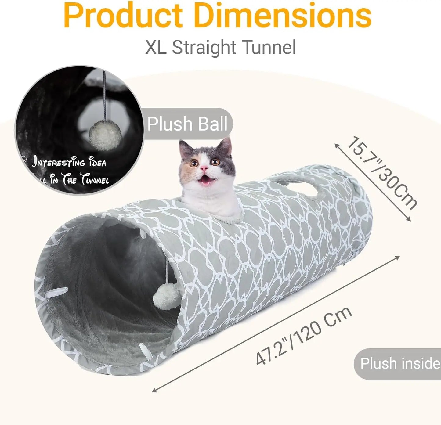 Geometric Straight Cat Tunnel with Plush Inside,Cats Toys Collapsible Tunnel Tube with Balls, for Rabbits, Kittens, Ferrets,Puppy and Dogs,Diameter 11.8 Inch