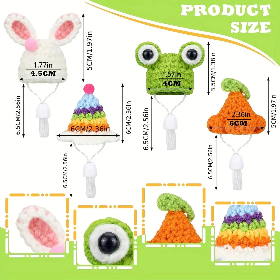 6 Pieces Random Hamster Hat, Mini Critter Hat with Adjustable Strap, Cute Hand Knit Frog Rainbow Carrot Small Hat, Lizard Guinea Pig Reptile Costume