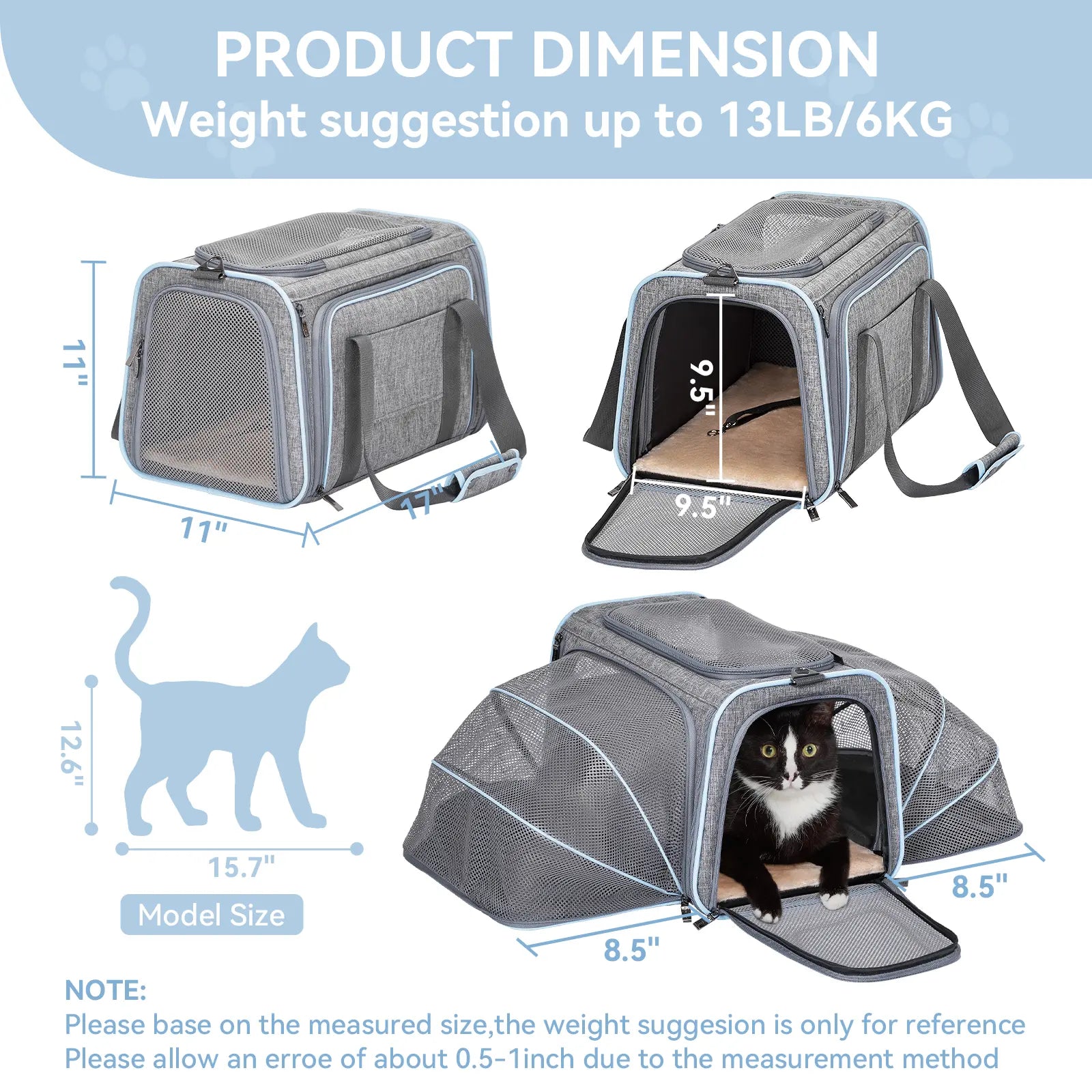 [5-Year Warranty] Petsfit Expandable Cat Dog Carrier Airline Approved, 17" L X 11" W X 11" H Soft-Sided Portable Pet Travel Carrier for Kitten, Puppy, Removable Soft Plush Mat and Pockets, Auto-Locking Zippers