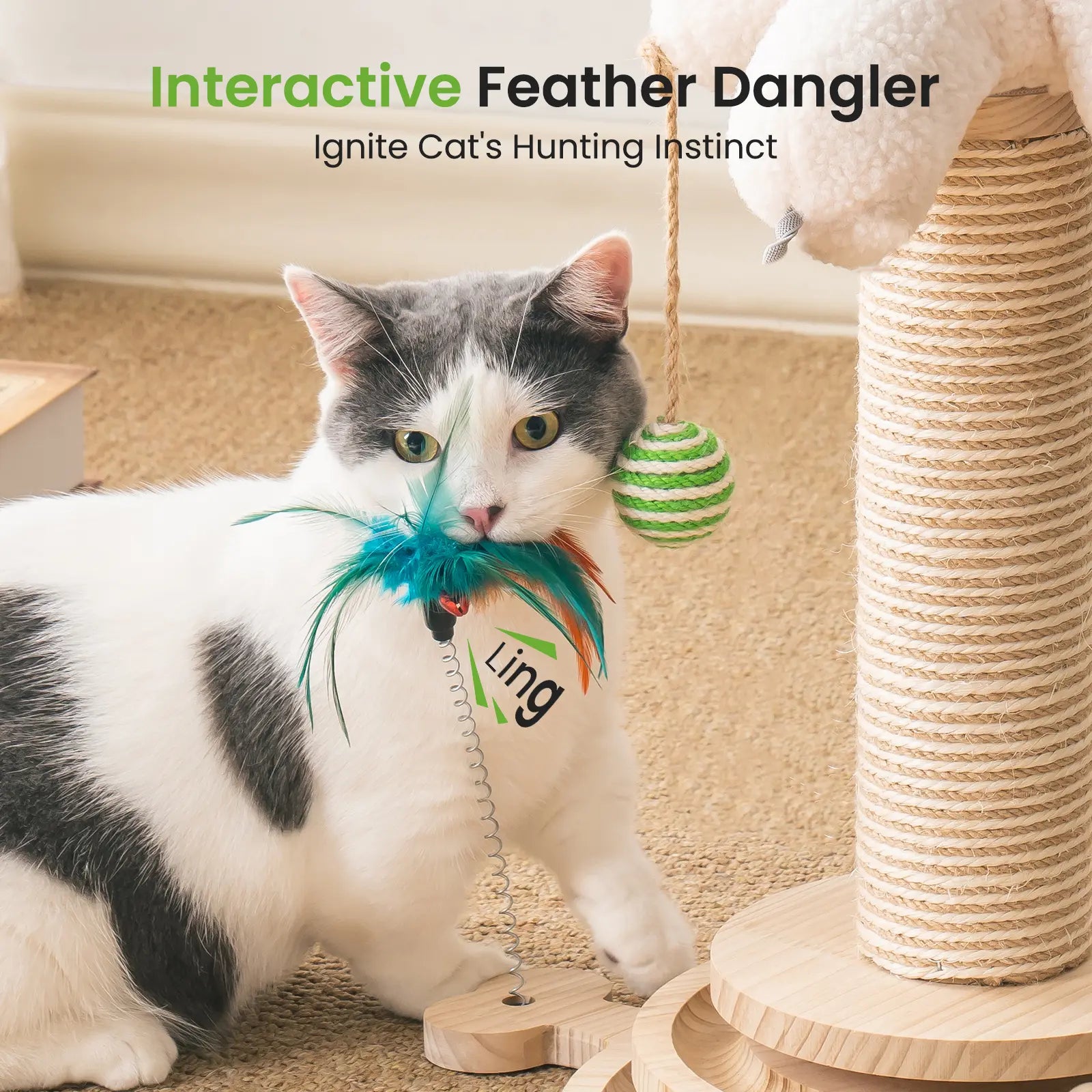 Sisal Cat Scratching Post, Sisal Rope for Indoor Cats, Fountain Vertical Cat Scratcher with Feather Interatcive Toys, Ball Track Toy, Hanging Ball Toy