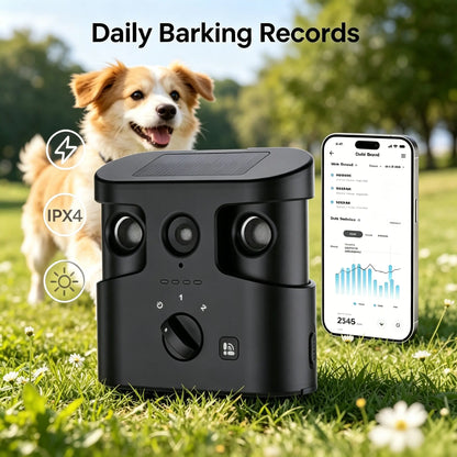 180° Solar-Powered Ultrasonic Dog Bark Control Device - Humane Anti-Barking Solution for All Breeds, IPX4 Waterproof, Dual Speakers, Adjustable Frequency, and APP Data Reporting, Ideal Dog Accessories