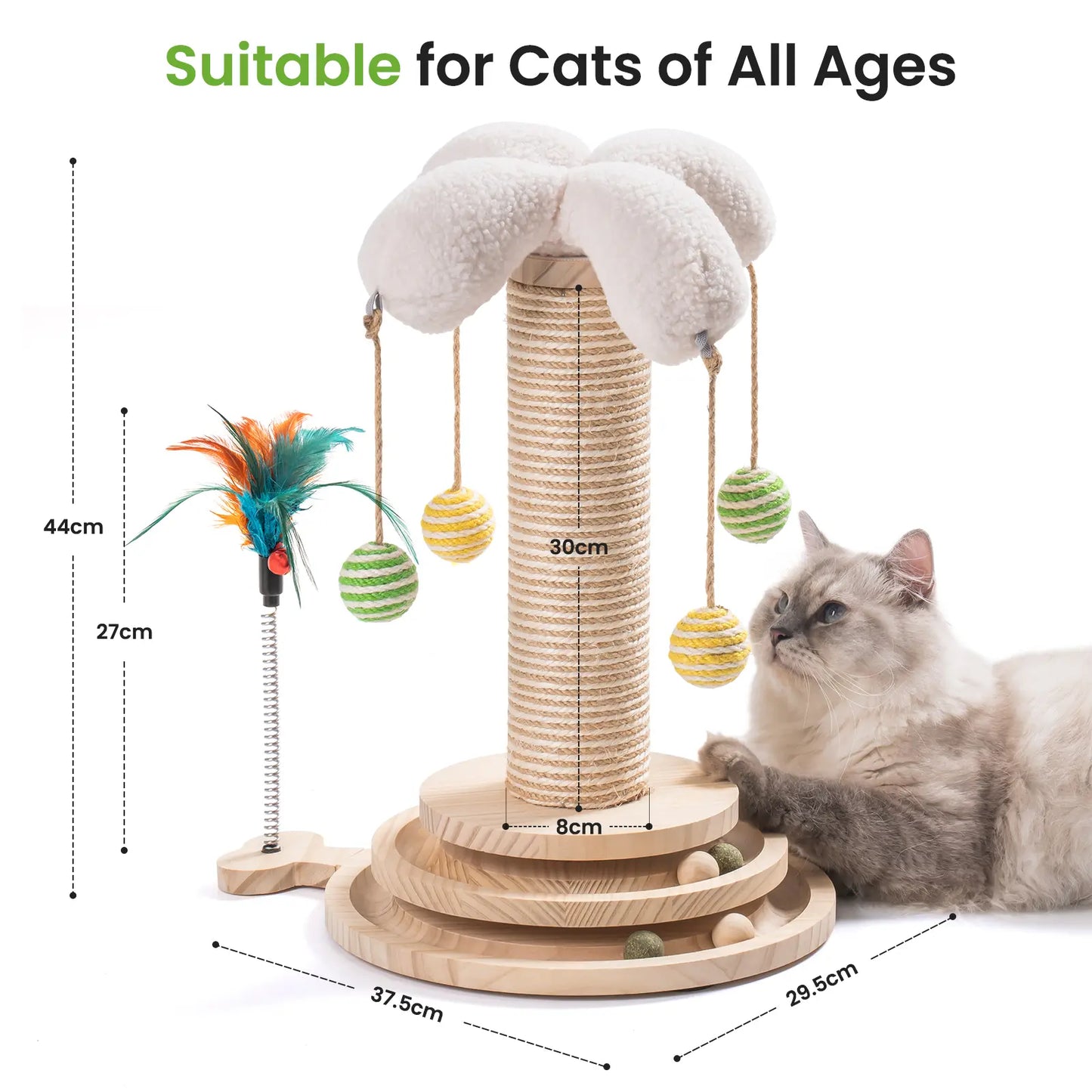 Sisal Cat Scratching Post, Sisal Rope for Indoor Cats, Fountain Vertical Cat Scratcher with Feather Interatcive Toys, Ball Track Toy, Hanging Ball Toy