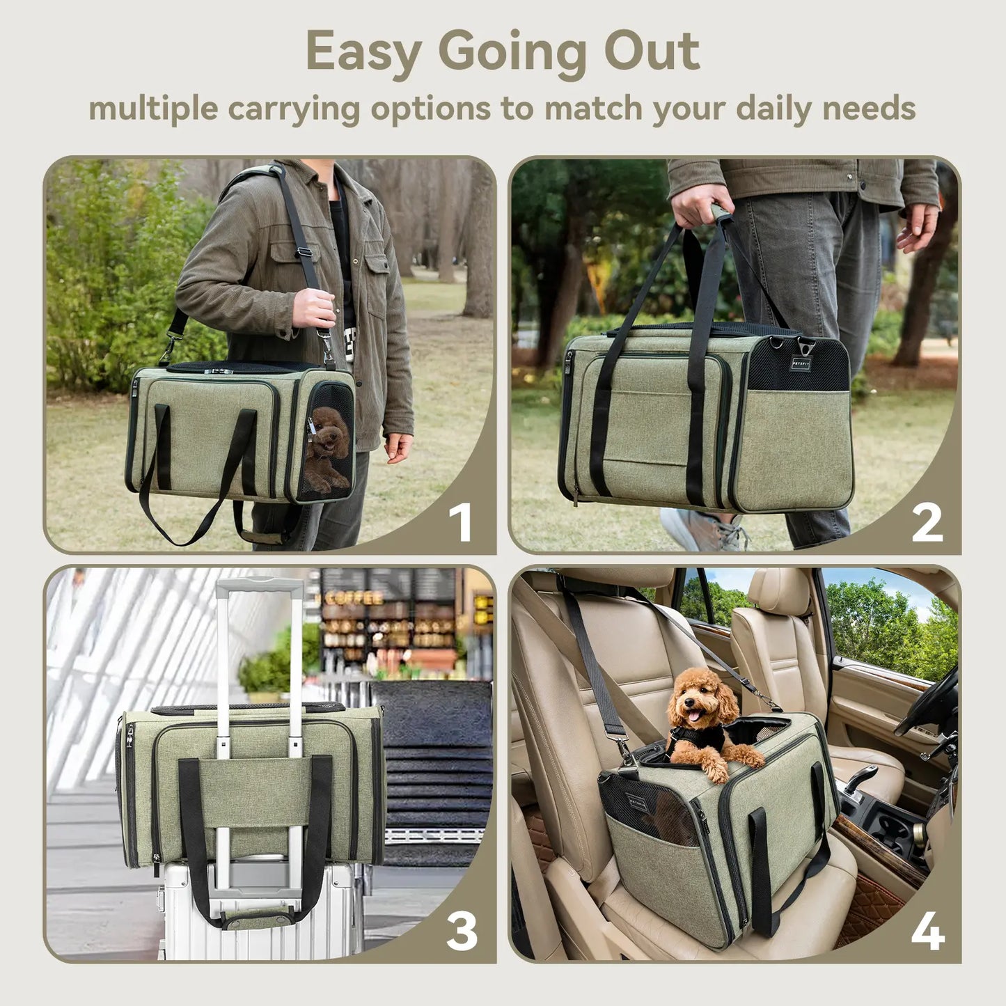 [5-Year Warranty] Petsfit Expandable Cat Dog Carrier Airline Approved, 17" L X 11" W X 11" H Soft-Sided Portable Pet Travel Carrier for Kitten, Puppy, Removable Soft Plush Mat and Pockets, Auto-Locking Zippers
