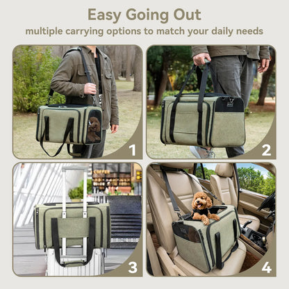 [5-Year Warranty] Petsfit Expandable Cat Dog Carrier Airline Approved, 17" L X 11" W X 11" H Soft-Sided Portable Pet Travel Carrier for Kitten, Puppy, Removable Soft Plush Mat and Pockets, Auto-Locking Zippers