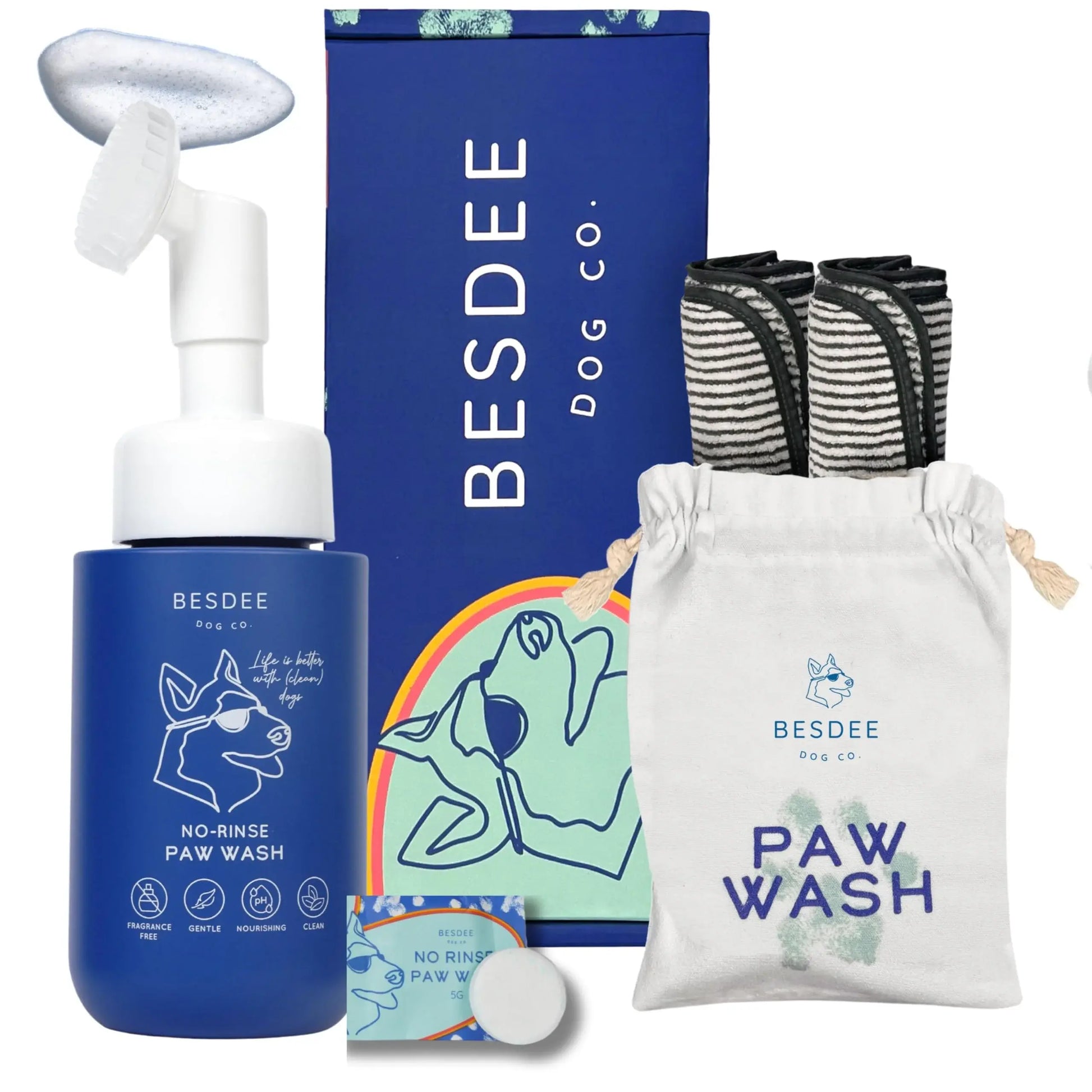 BESDEE Dog Co. No-Rinse Paw Wash Kit - Gentle Safe Fragrance-Free Ph Balanced Tablets for Small Medium & Large Dogs with Travel Bag & Plush Towels Grooming Products