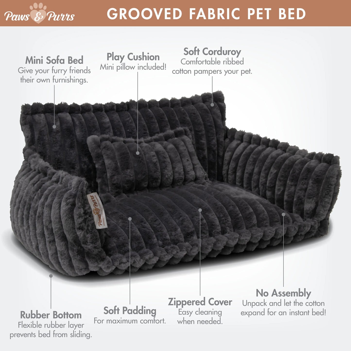 Pet Sofa Bed with Grooved Fabric for Cats and Small to Medium Dogs, Dark Gray