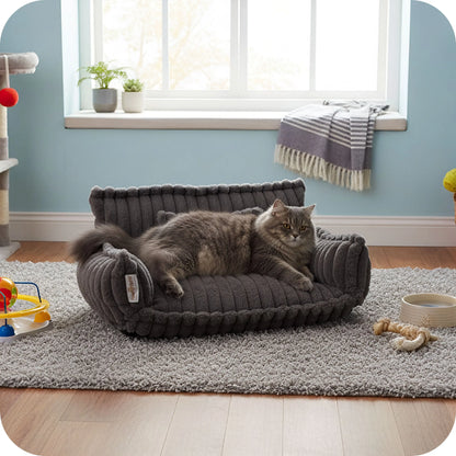 Pet Sofa Bed with Grooved Fabric for Cats and Small to Medium Dogs, Dark Gray