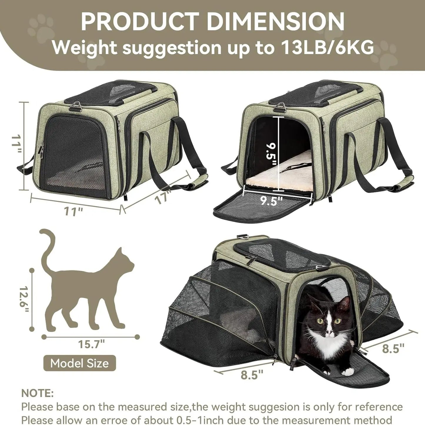 [5-Year Warranty] Petsfit Expandable Cat Dog Carrier Airline Approved, 17" L X 11" W X 11" H Soft-Sided Portable Pet Travel Carrier for Kitten, Puppy, Removable Soft Plush Mat and Pockets, Auto-Locking Zippers