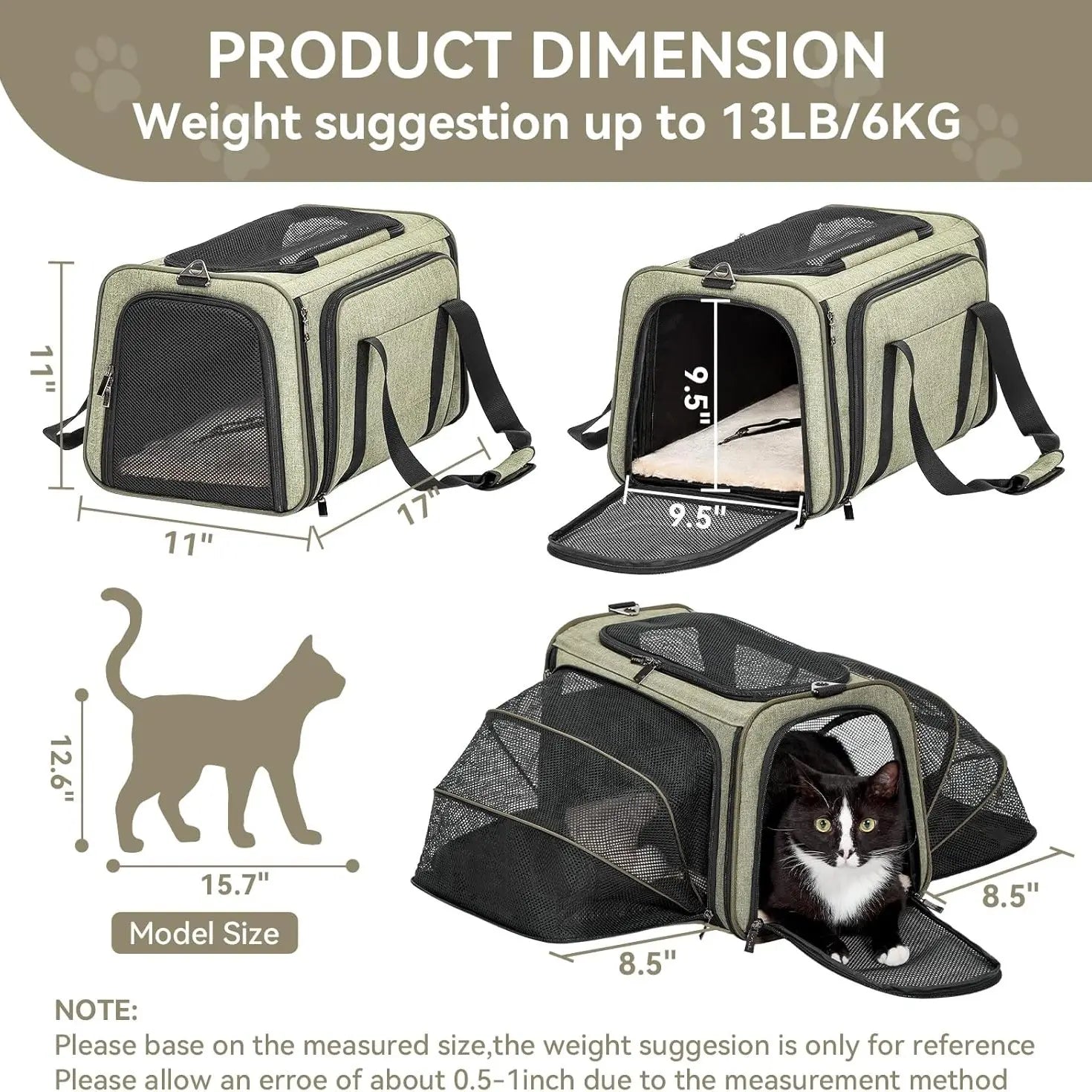 [5-Year Warranty] Petsfit Expandable Cat Dog Carrier Airline Approved, 17" L X 11" W X 11" H Soft-Sided Portable Pet Travel Carrier for Kitten, Puppy, Removable Soft Plush Mat and Pockets, Auto-Locking Zippers