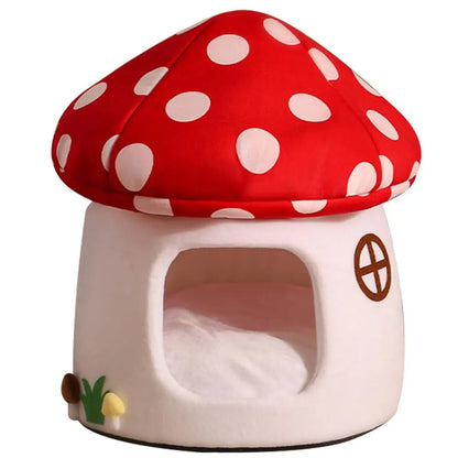 Cute Mushroom Cat House, Semi-Enclosed Hideaway, All-Season Bed for Indoor Small Cats