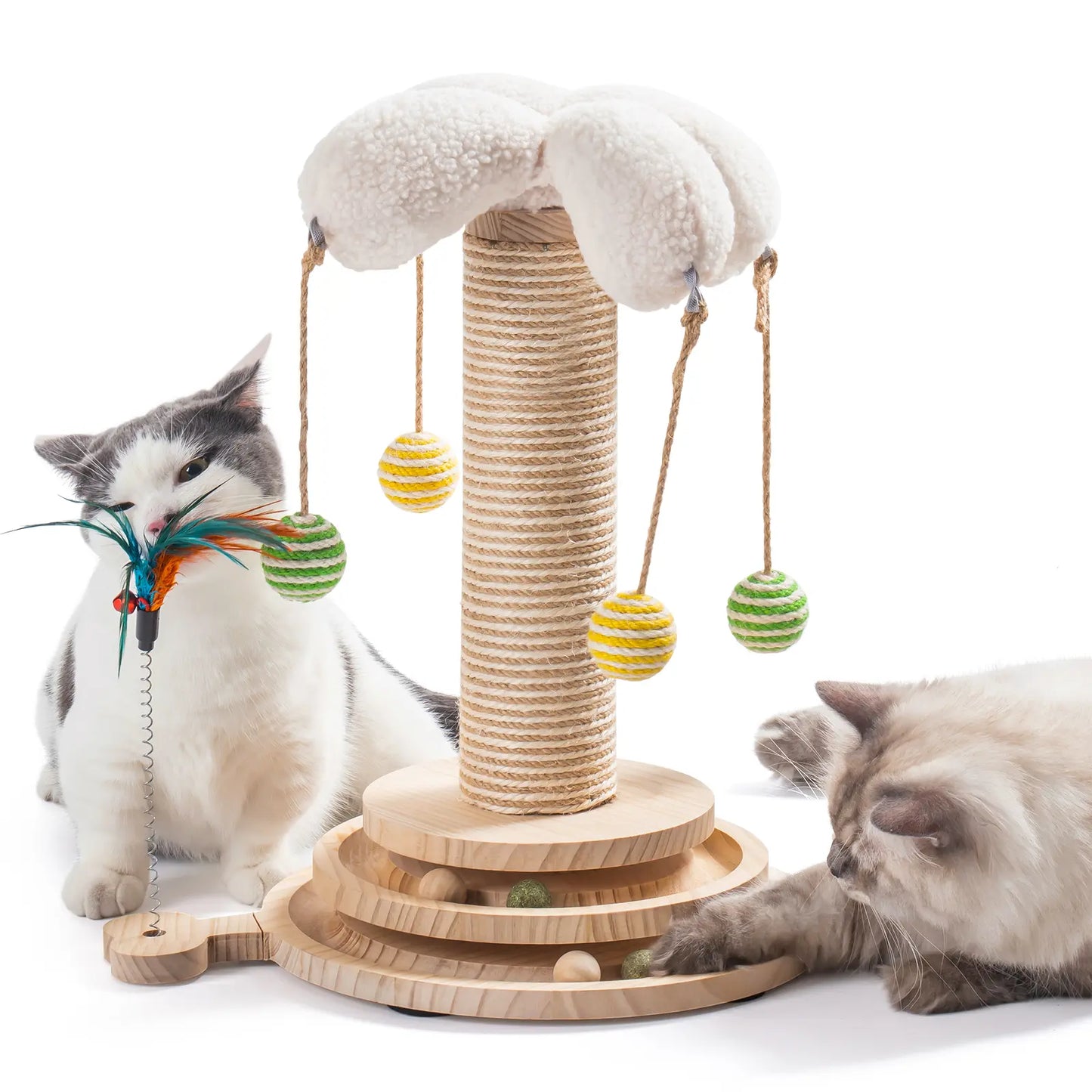Sisal Cat Scratching Post, Sisal Rope for Indoor Cats, Fountain Vertical Cat Scratcher with Feather Interatcive Toys, Ball Track Toy, Hanging Ball Toy