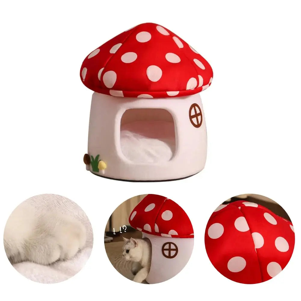 Cute Mushroom Cat House, Semi-Enclosed Hideaway, All-Season Bed for Indoor Small Cats