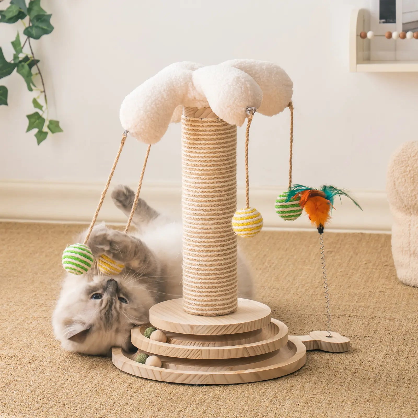 Sisal Cat Scratching Post, Sisal Rope for Indoor Cats, Fountain Vertical Cat Scratcher with Feather Interatcive Toys, Ball Track Toy, Hanging Ball Toy