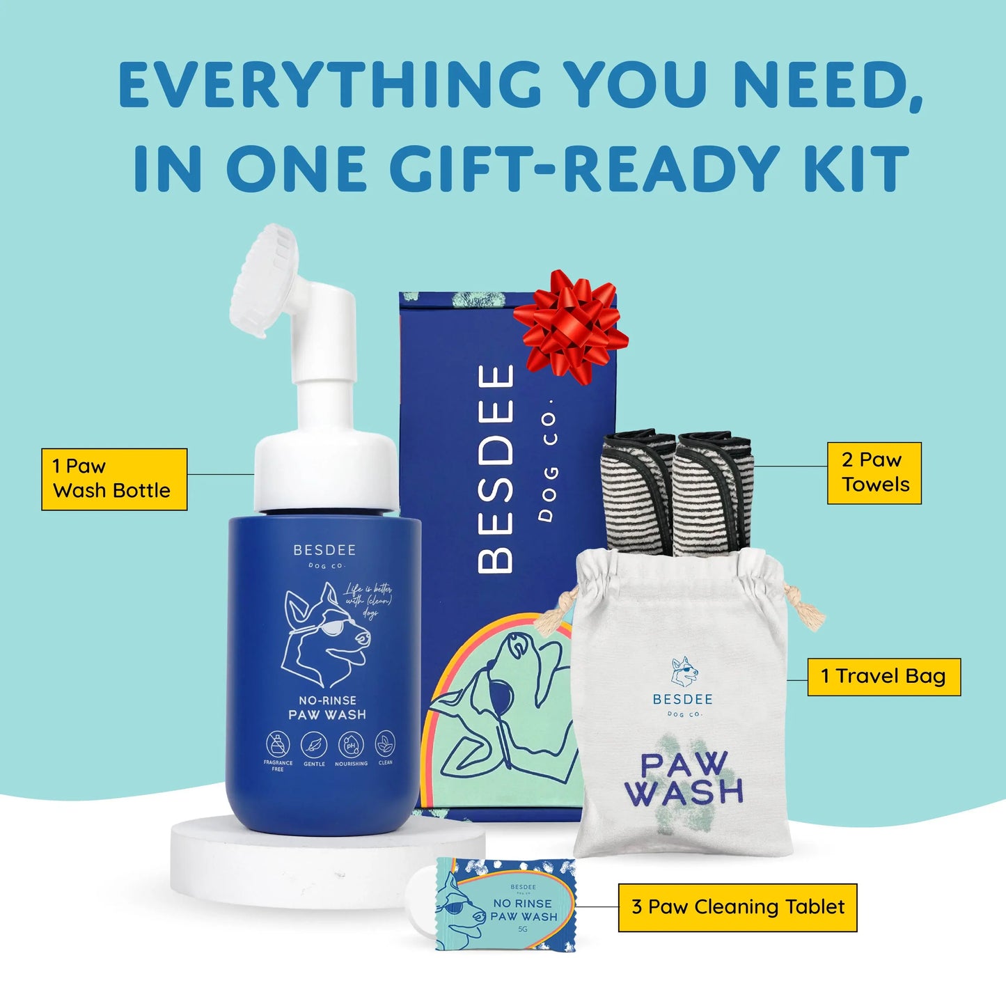 BESDEE Dog Co. No-Rinse Paw Wash Kit - Gentle Safe Fragrance-Free Ph Balanced Tablets for Small Medium & Large Dogs with Travel Bag & Plush Towels Grooming Products