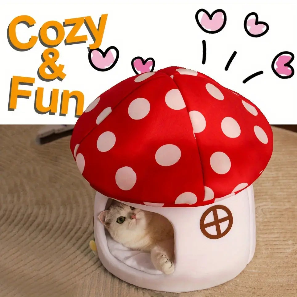 Cute Mushroom Cat House, Semi-Enclosed Hideaway, All-Season Bed for Indoor Small Cats