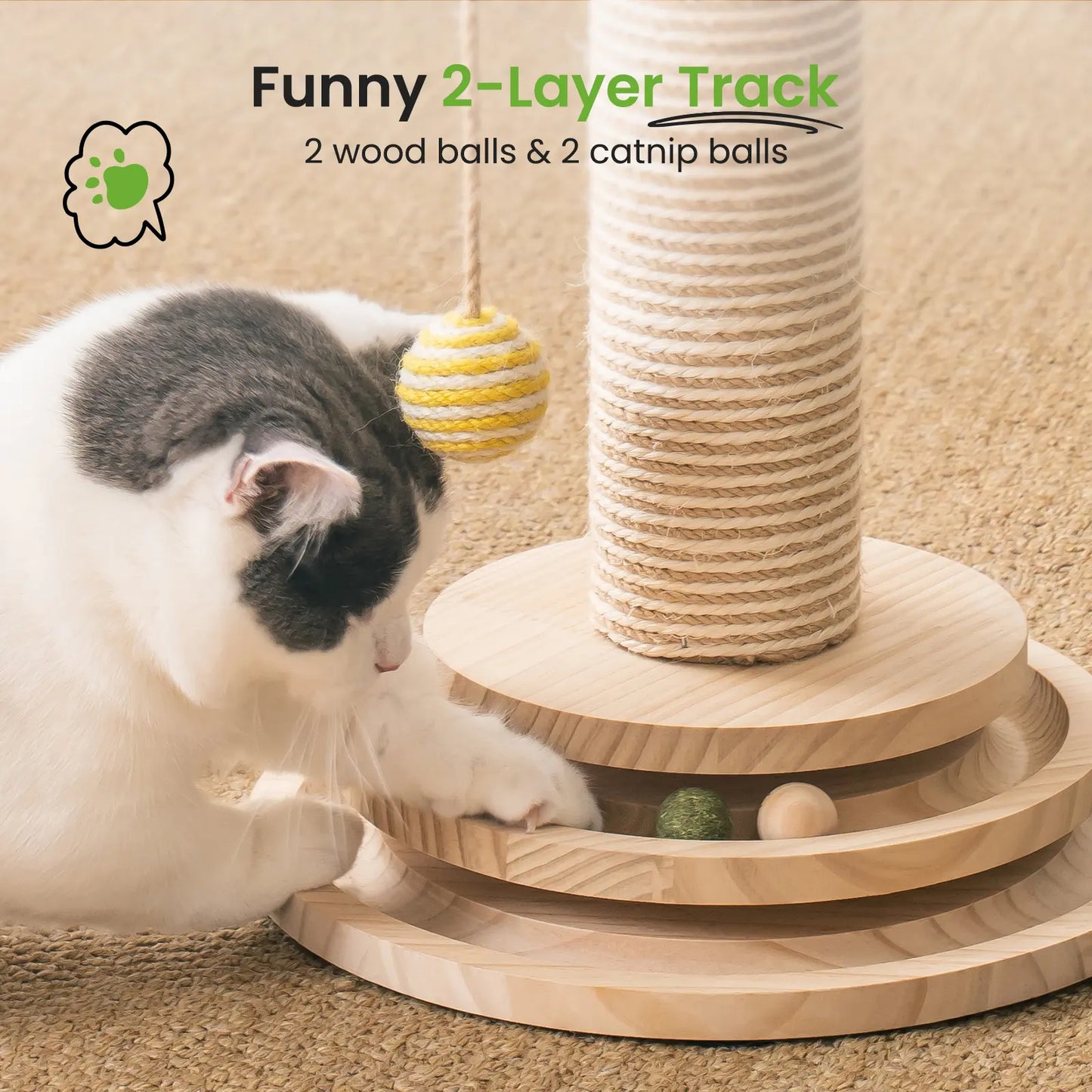 Sisal Cat Scratching Post, Sisal Rope for Indoor Cats, Fountain Vertical Cat Scratcher with Feather Interatcive Toys, Ball Track Toy, Hanging Ball Toy